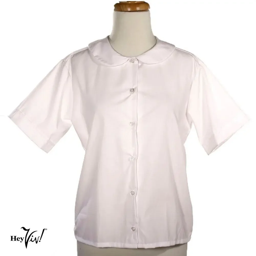 White Peter Pan Collar Short Sleeve Blouse Button Up Poly Cotton Adult Sz Large - Picture 2 of 7